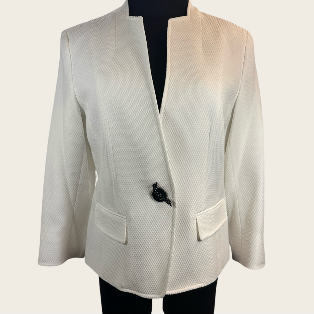 KASPER White Pique Texture Summer Spring Blazer Jacket Coat Button Ribbon sz 10